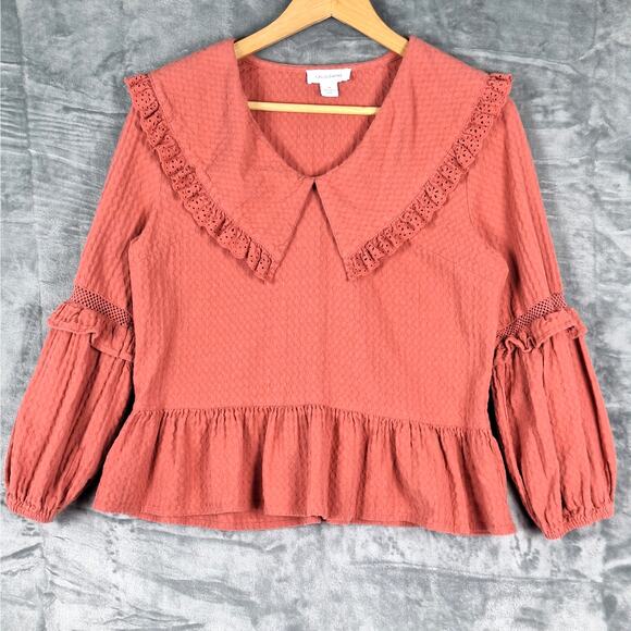 Womens Top Medium Boho Chic Retro Peasant Eyelet Trim Ruffles Feminine Gauzy - Picture 1 of 8